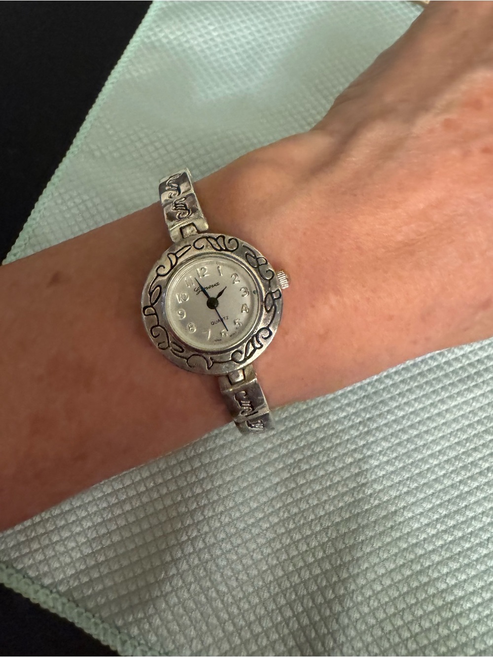 Geneva Silver Floral-Engraved Women's Bracelet Watch